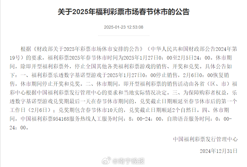 2025年春节前福利彩票休市，背后的原因与影响分析，2025年春节前福利彩票休市，原因与影响解析